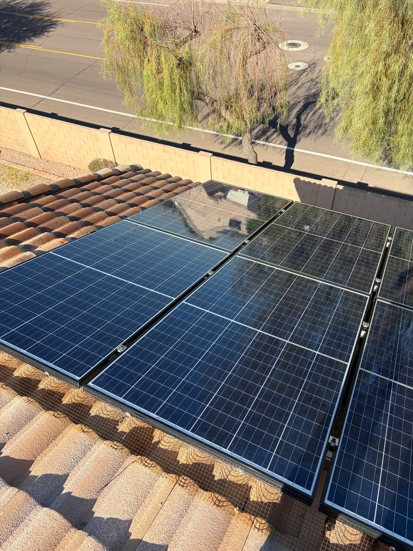 Solar panels on a tile roof from a Corona Power Cleaning project